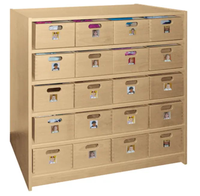 Opbergkast met legplanekn en 20 houten  bakken B/H/D : 102x98x40 cm, Afmetingen B/H/D : 23,5x14x36 cm